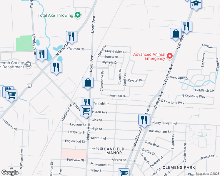map of restaurants, bars, coffee shops, grocery stores, and more near 43396 Eureka Drive in Clinton Township