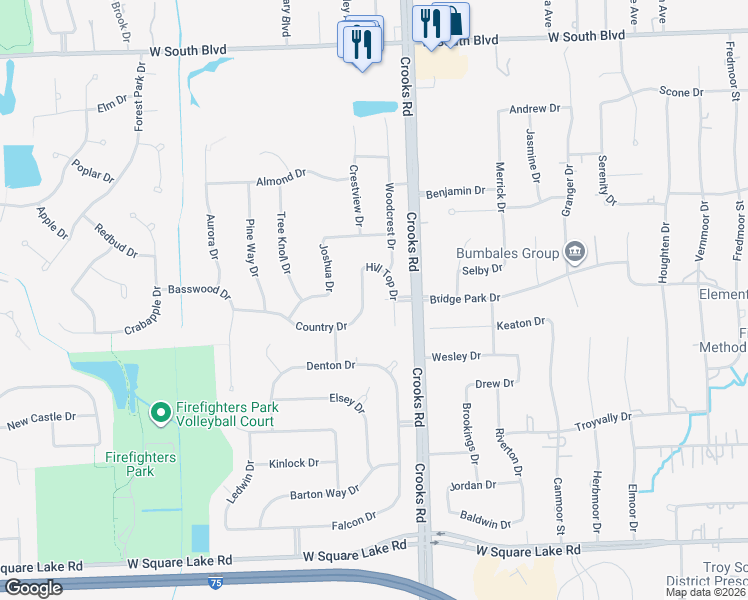 map of restaurants, bars, coffee shops, grocery stores, and more near 1179 Country Drive in Troy