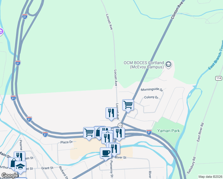 map of restaurants, bars, coffee shops, grocery stores, and more near 18 Locust Avenue in Cortland