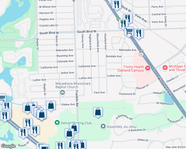 map of restaurants, bars, coffee shops, grocery stores, and more near 567 Highland Avenue in Pontiac