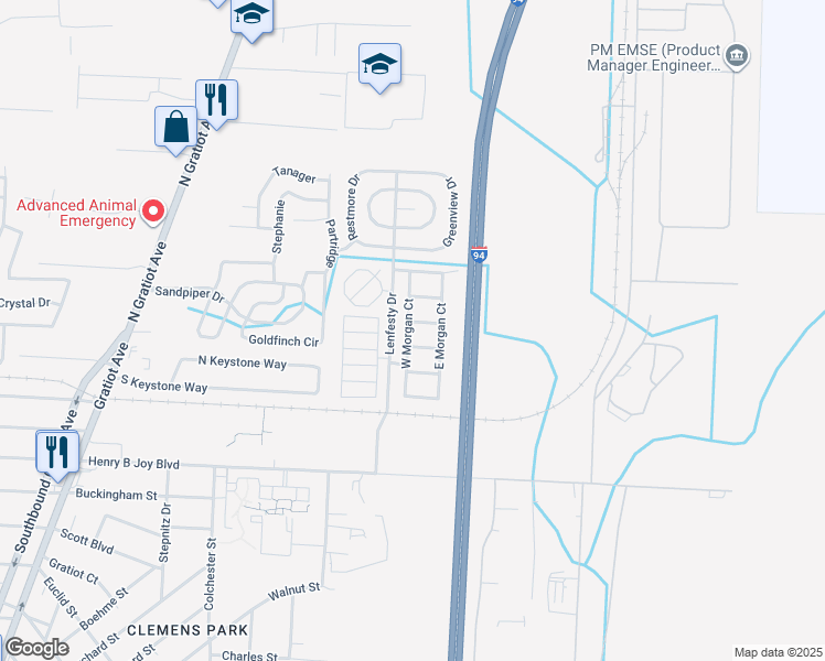 map of restaurants, bars, coffee shops, grocery stores, and more near 43400 Lenfesty Drive in Harrison charter Township