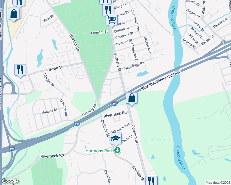 map of restaurants, bars, coffee shops, grocery stores, and more near 7 Gorham Street in Chelmsford