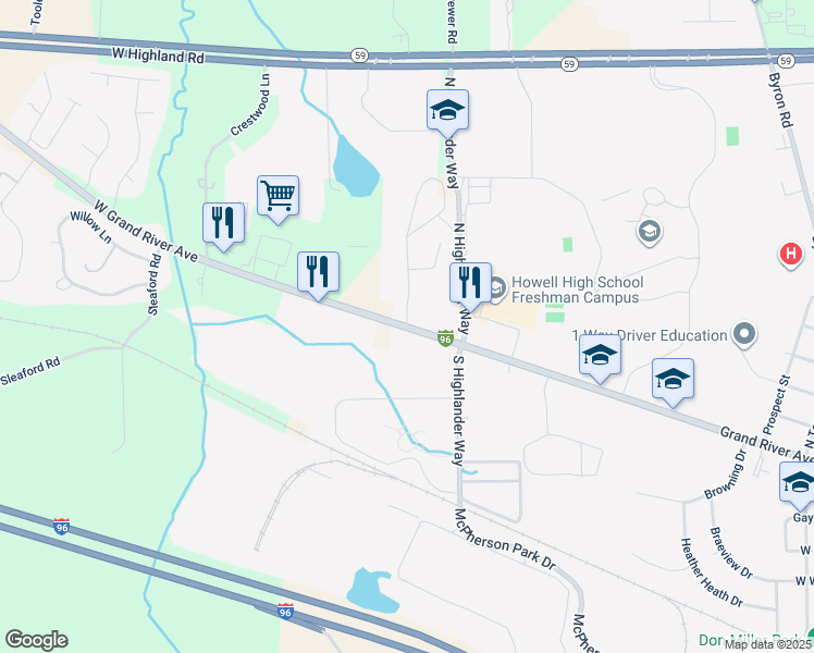 map of restaurants, bars, coffee shops, grocery stores, and more near 1001 Yorkshire Drive in Howell