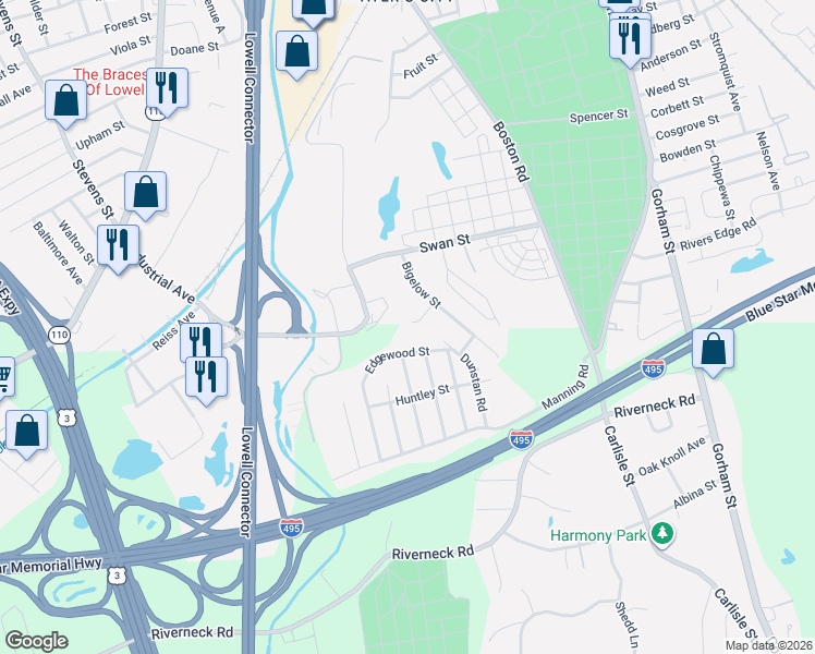 map of restaurants, bars, coffee shops, grocery stores, and more near 15 Edgewood Street in Chelmsford