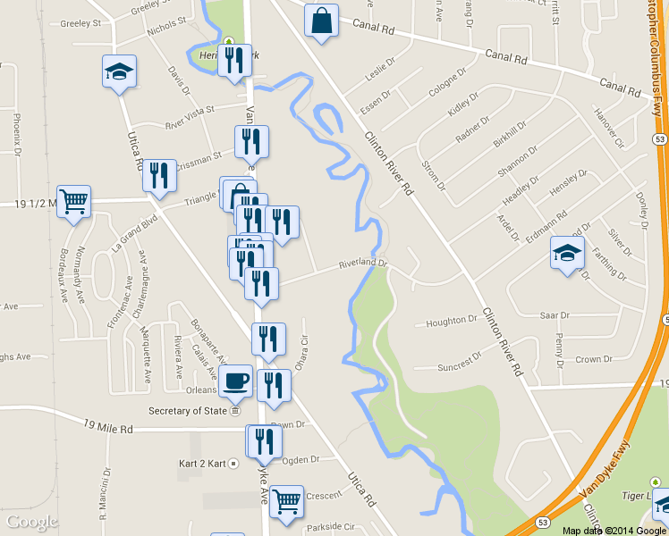 map of restaurants, bars, coffee shops, grocery stores, and more near 8300 Riverland Drive in Sterling Heights