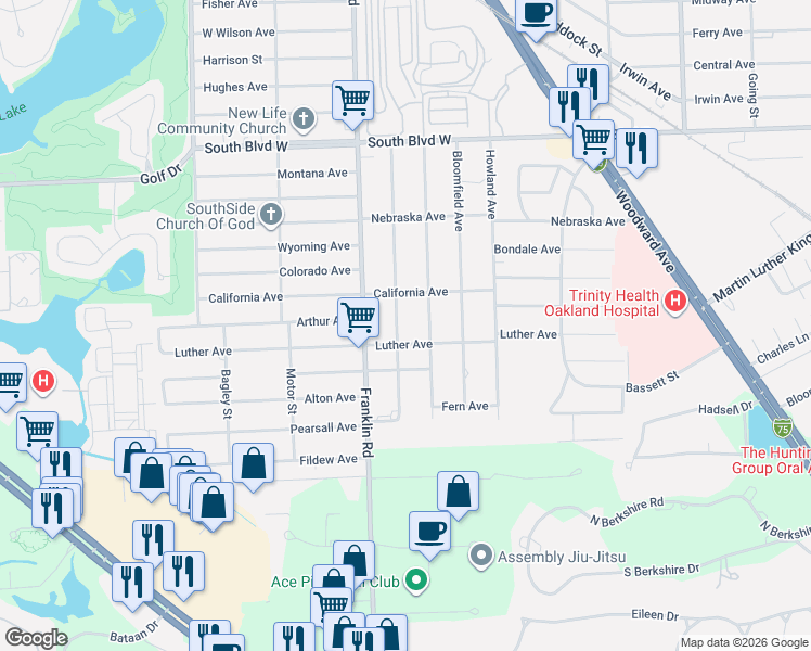 map of restaurants, bars, coffee shops, grocery stores, and more near 387 Luther Avenue in Pontiac