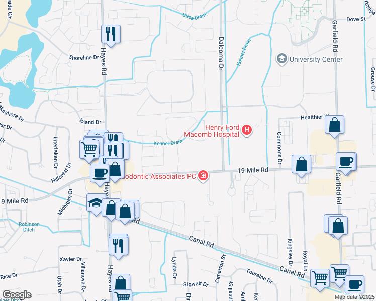 map of restaurants, bars, coffee shops, grocery stores, and more near 15731 19 Mile Road in Macomb County