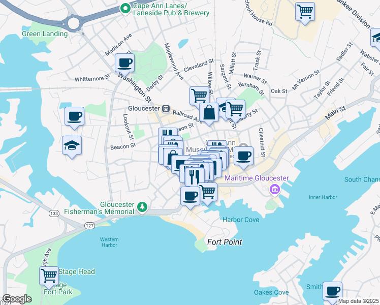 map of restaurants, bars, coffee shops, grocery stores, and more near 25 Pine Street in Gloucester