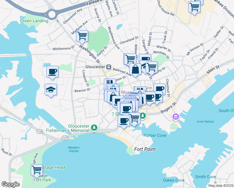 map of restaurants, bars, coffee shops, grocery stores, and more near 25 Pine Street in Gloucester