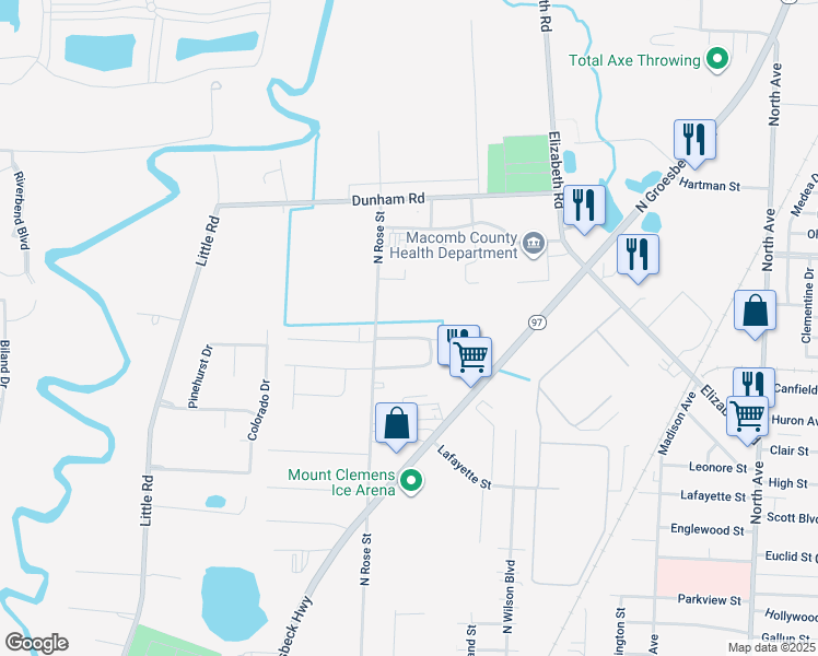 map of restaurants, bars, coffee shops, grocery stores, and more near 187 North Christine Circle in Mount Clemens