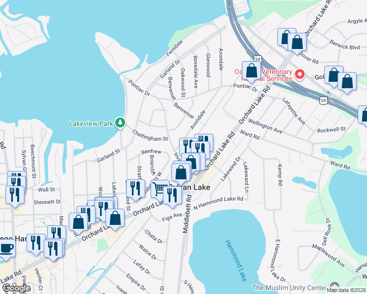 map of restaurants, bars, coffee shops, grocery stores, and more near 2261 Avondale Street West in Sylvan Lake