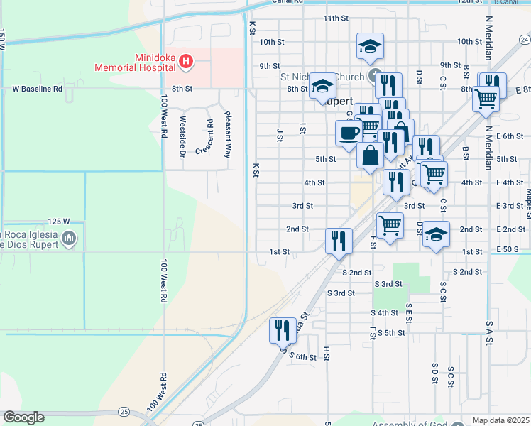 map of restaurants, bars, coffee shops, grocery stores, and more near 1024 2nd Street in Rupert