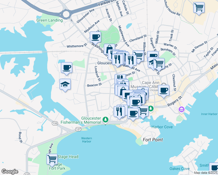 map of restaurants, bars, coffee shops, grocery stores, and more near 23 Granite Street in Gloucester
