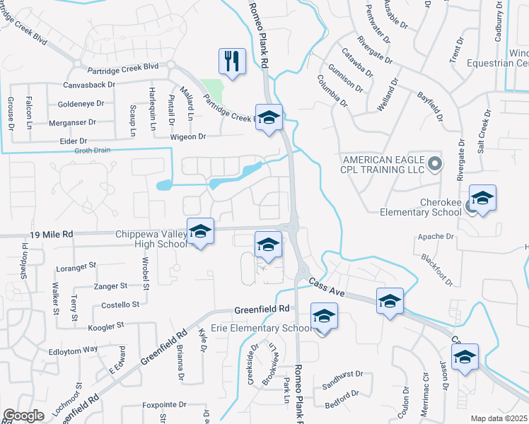 map of restaurants, bars, coffee shops, grocery stores, and more near 18233-18421 19 Mile Road in Charter Township of Clinton