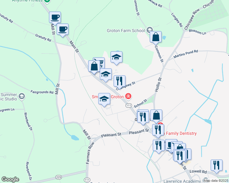 map of restaurants, bars, coffee shops, grocery stores, and more near Main Street in Groton