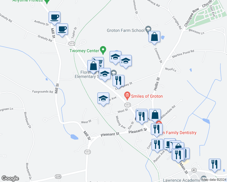map of restaurants, bars, coffee shops, grocery stores, and more near Main Street in Groton