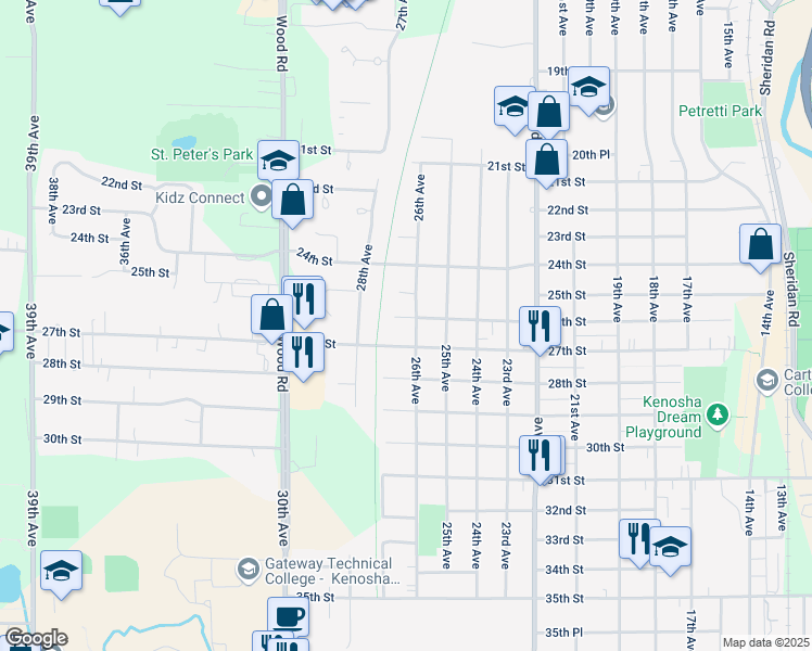 map of restaurants, bars, coffee shops, grocery stores, and more near 2617 27th Street in Kenosha