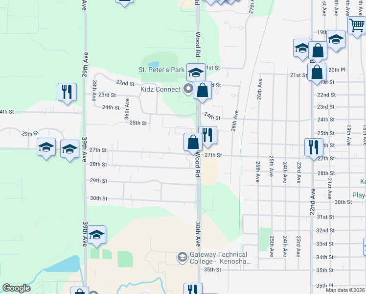 map of restaurants, bars, coffee shops, grocery stores, and more near 3124 27th Street in Kenosha