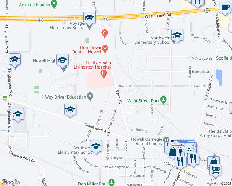 map of restaurants, bars, coffee shops, grocery stores, and more near 512 Byron Road in Howell