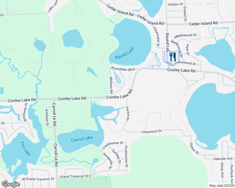 map of restaurants, bars, coffee shops, grocery stores, and more near 9639 Cooley Lake Road in Commerce Charter Township