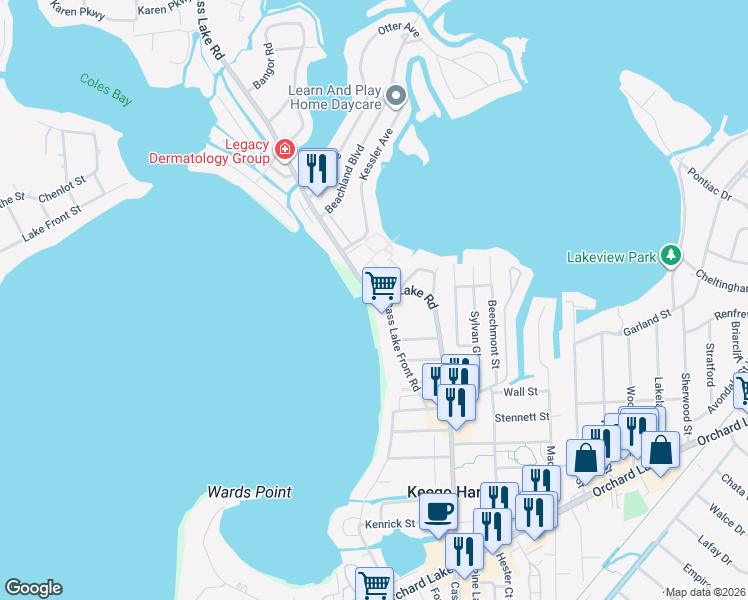 map of restaurants, bars, coffee shops, grocery stores, and more near 1762 Cass Lake Front Road in Keego Harbor