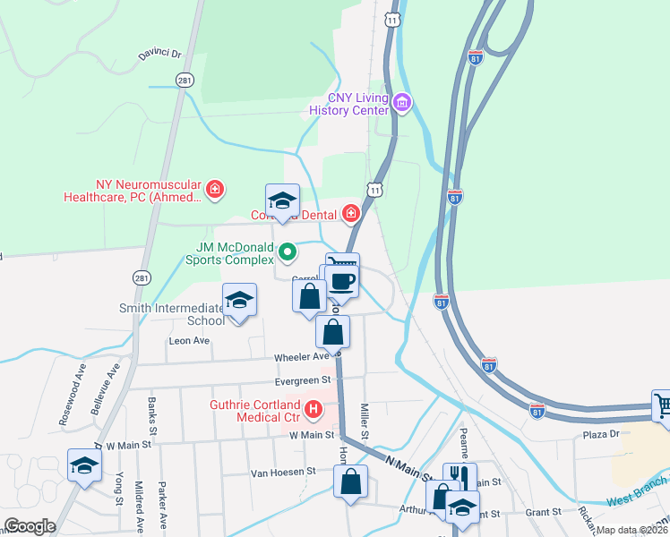 map of restaurants, bars, coffee shops, grocery stores, and more near 1346 Carroll Street in Cortland County