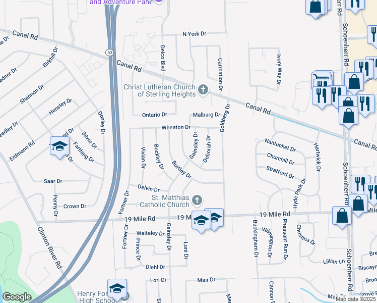 map of restaurants, bars, coffee shops, grocery stores, and more near 12211 Averill Drive in Sterling Heights