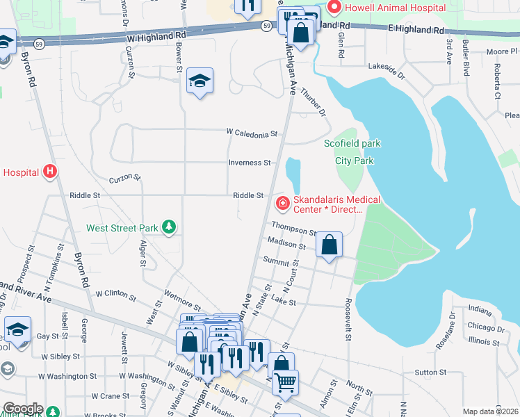 map of restaurants, bars, coffee shops, grocery stores, and more near 815 North Michigan Avenue in Howell