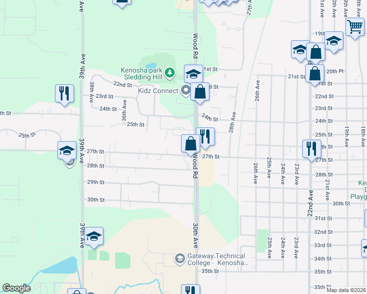 map of restaurants, bars, coffee shops, grocery stores, and more near 3124 27th Street in Kenosha