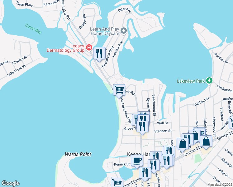 map of restaurants, bars, coffee shops, grocery stores, and more near 1671 Cass Lake Road in Keego Harbor