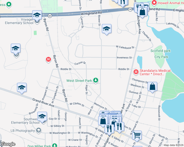 map of restaurants, bars, coffee shops, grocery stores, and more near 420 Riddle Street in Howell