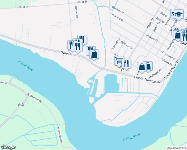 map of restaurants, bars, coffee shops, grocery stores, and more near 2209 Pointe Tremble Road in Algonac