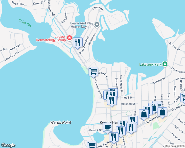map of restaurants, bars, coffee shops, grocery stores, and more near 1671 Cass Lake Road in Keego Harbor