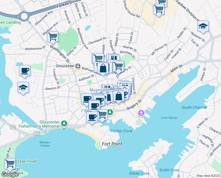 map of restaurants, bars, coffee shops, grocery stores, and more near 10 Dale Avenue in Gloucester
