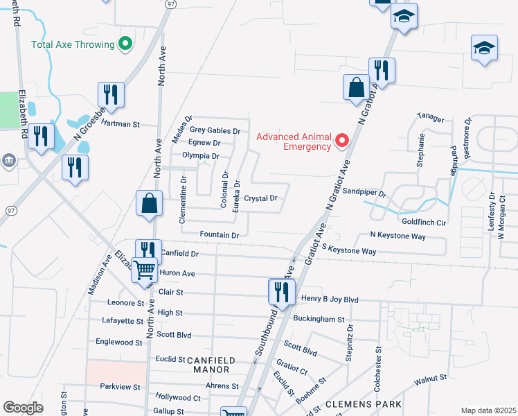 map of restaurants, bars, coffee shops, grocery stores, and more near 23414 Stone Castle Drive in Clinton Township