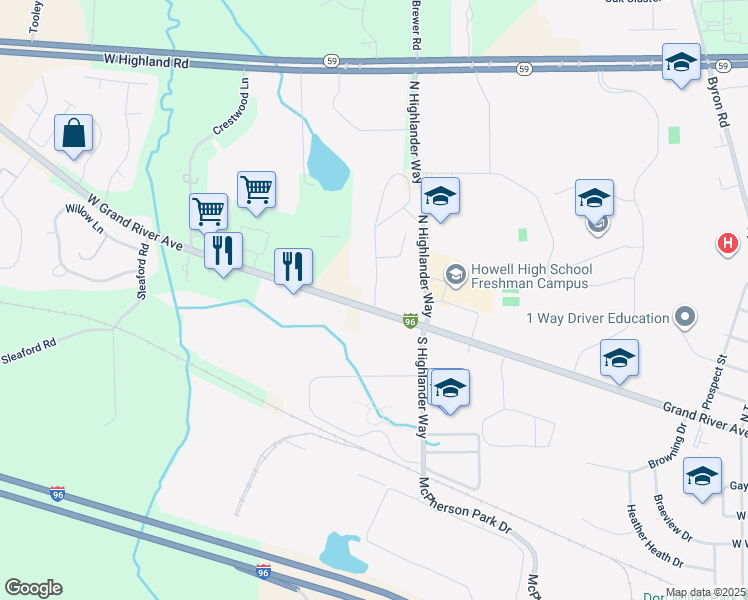 map of restaurants, bars, coffee shops, grocery stores, and more near 1001-1271 Yorkshire Drive in Howell