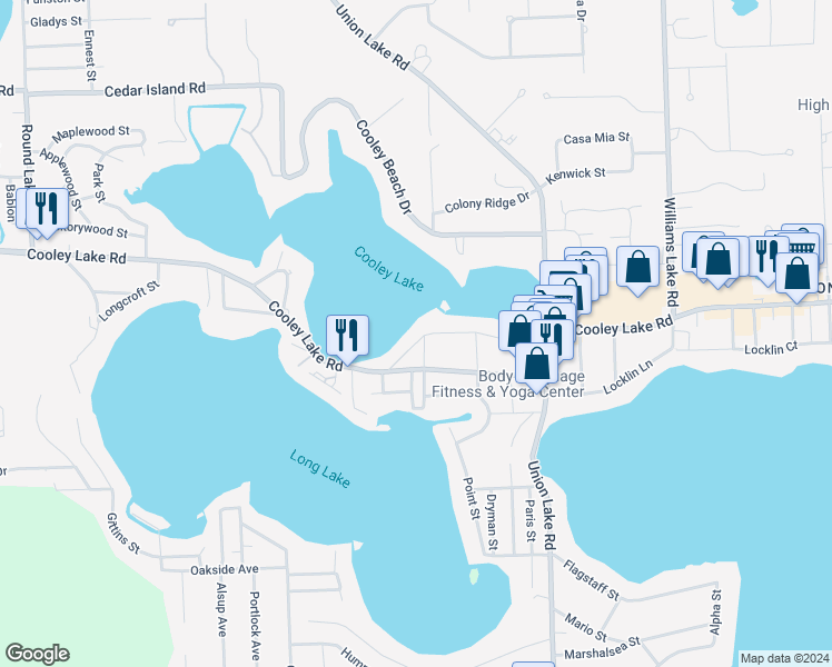 map of restaurants, bars, coffee shops, grocery stores, and more near 8512 Cascade Street in Commerce Charter Township