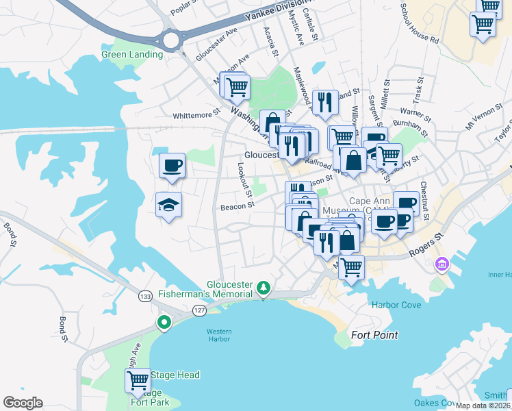 map of restaurants, bars, coffee shops, grocery stores, and more near 9 Lookout Street in Gloucester