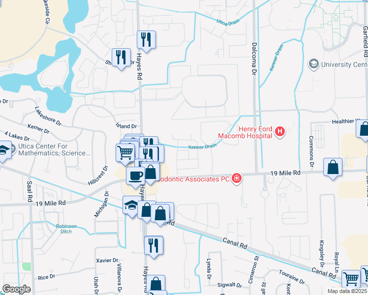 map of restaurants, bars, coffee shops, grocery stores, and more near 15482 Claremont Drive in Clinton Township