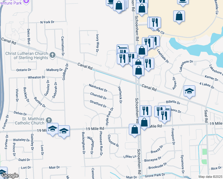 map of restaurants, bars, coffee shops, grocery stores, and more near 13298 Westminister Drive in Sterling Heights