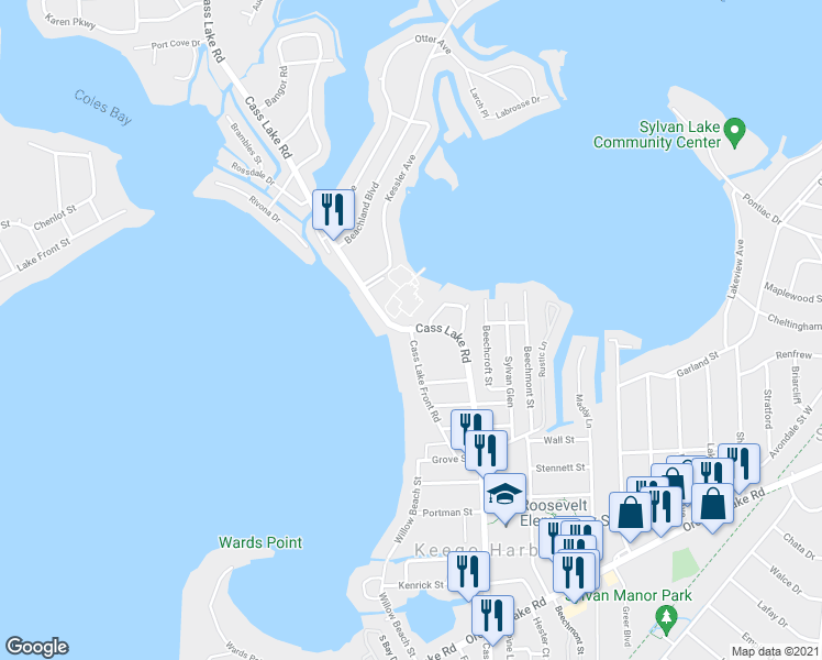 map of restaurants, bars, coffee shops, grocery stores, and more near 1671 Cass Lake Road in Keego Harbor