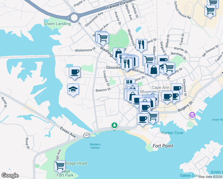 map of restaurants, bars, coffee shops, grocery stores, and more near 26 Beacon Street in Gloucester