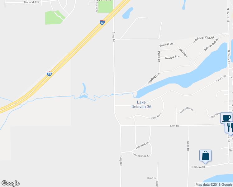 map of restaurants, bars, coffee shops, grocery stores, and more near 2112 Landings Lane in Delavan