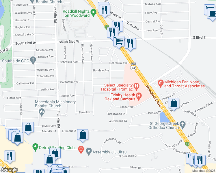 map of restaurants, bars, coffee shops, grocery stores, and more near 172 Earlmoor Boulevard in Pontiac