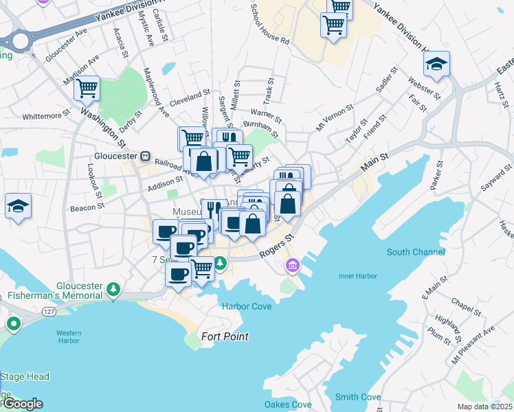 map of restaurants, bars, coffee shops, grocery stores, and more near 47 Pleasant Street in Gloucester
