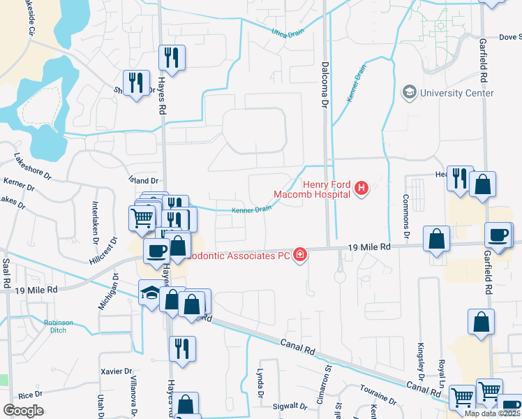map of restaurants, bars, coffee shops, grocery stores, and more near 43144 Carlyle Place in Clinton Township
