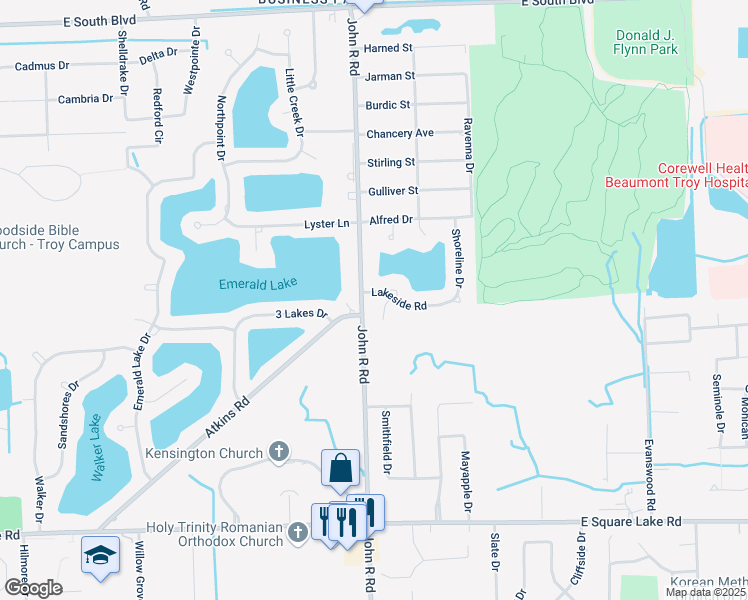 map of restaurants, bars, coffee shops, grocery stores, and more near 6460 John R Road in Troy