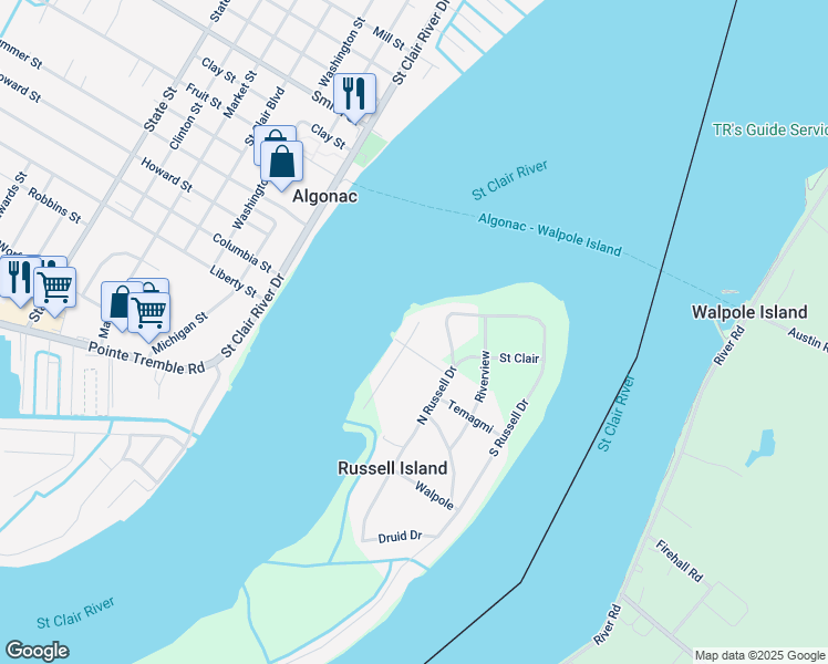 map of restaurants, bars, coffee shops, grocery stores, and more near 192 North Russell Drive in Algonac
