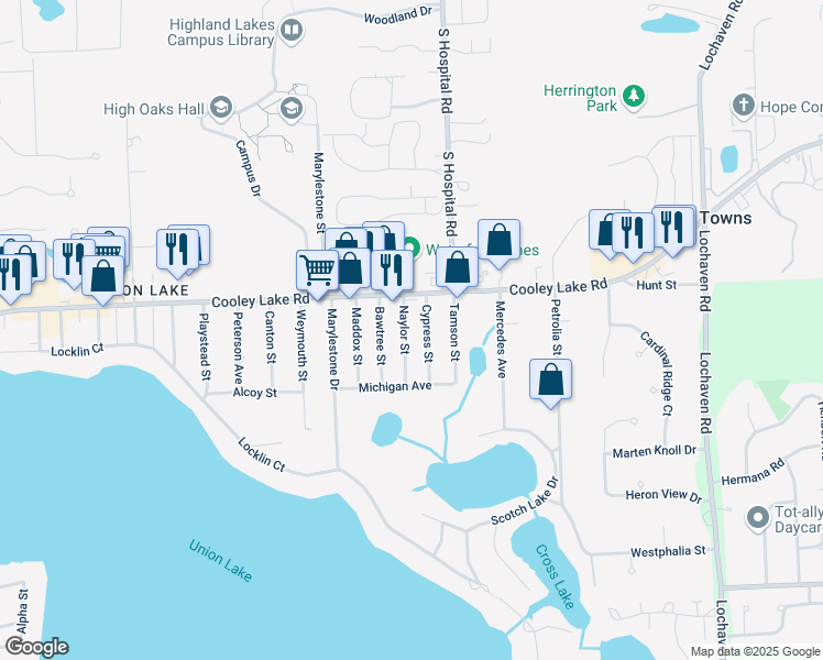 map of restaurants, bars, coffee shops, grocery stores, and more near 1530 Naylor Street in West Bloomfield Township