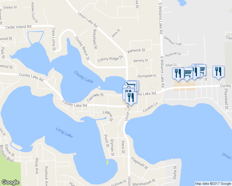 map of restaurants, bars, coffee shops, grocery stores, and more near 8282 Cascade Street in Commerce Charter Township